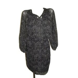 MAX STUDIO Black Silver Sheer Print Long Sleeve Elastic Waist Dress Women's Sz S